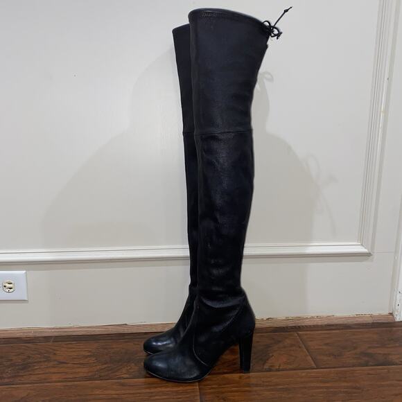 STUART WEITZMAN $1200 Ultra Highland Over The Knee 9.5 Black Leather Heel Boots - Picture 10 of 16